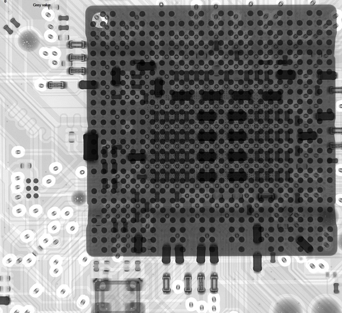 X-ray image of a packaged chip on a board